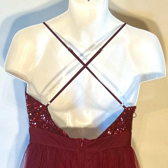 Luxxel SZ L Wine Tulle Sequin Bust Formal Gown Prom Black Tie Bridesmaid Sexy - Picture 7 of 14